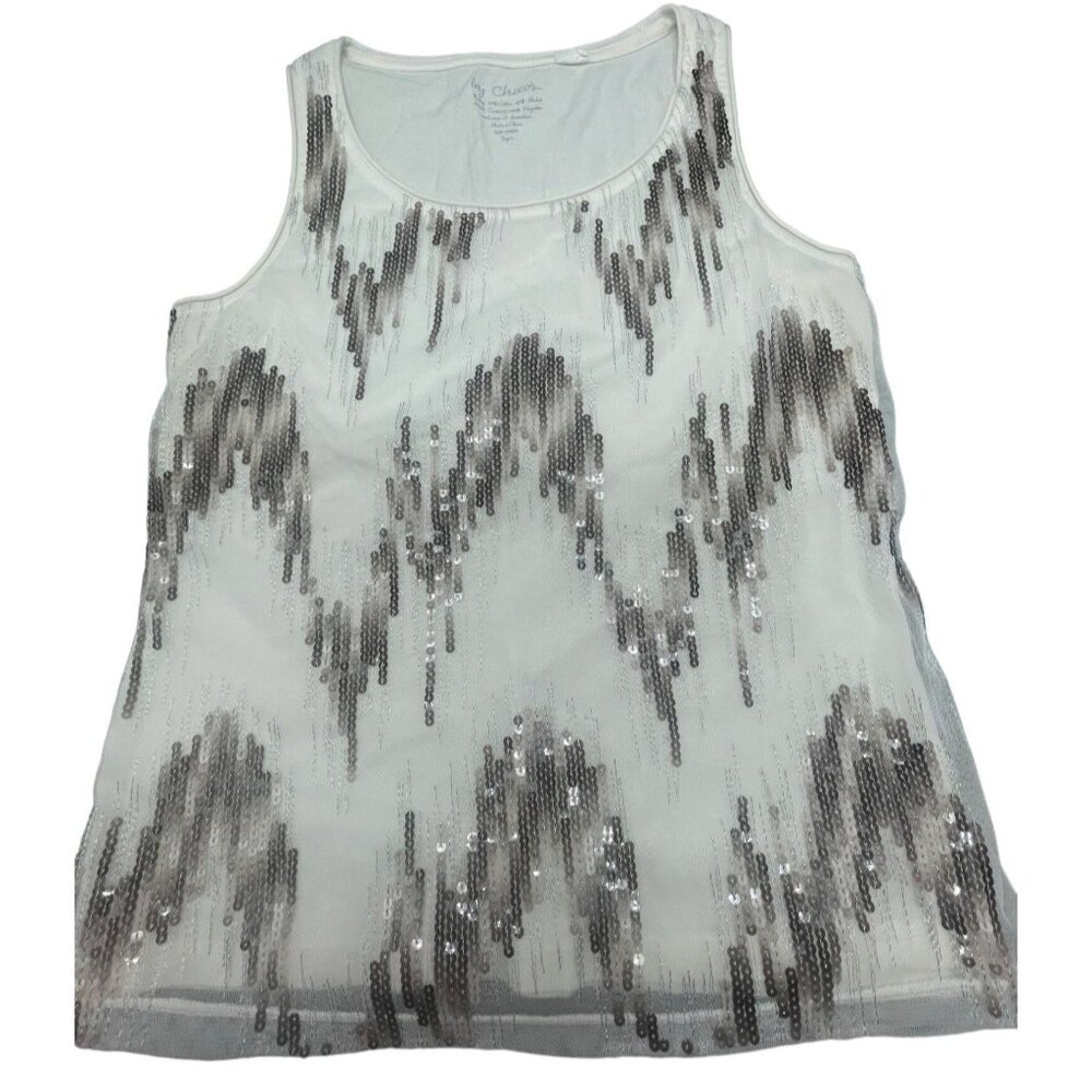 by chico's sleeveless shirt white sequin sheer layered cotton blend size 0 READ